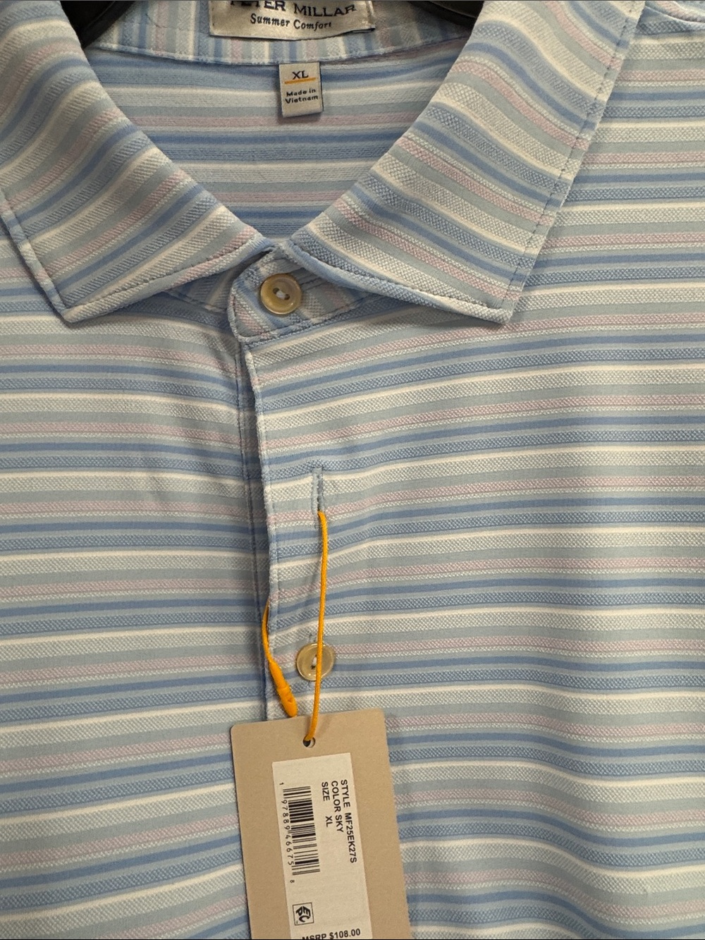 NWT Peter Millar Light Blue and White Striped Polo with Pink Accent